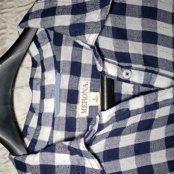 Gingham,women's blue and white button down shirt,size large. - Picture 2 of 8